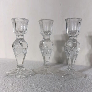 Vintage Clear Lead  Crystal whirling Star Pinwheel Candlestick Holders X3